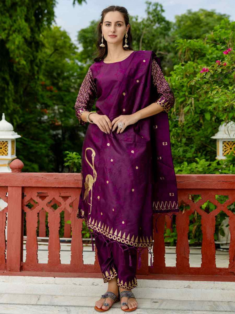 Image of Purple Cotton Silk Jacquard Work Party Wedding Festival Casual Ready Pant Salwar Kameez