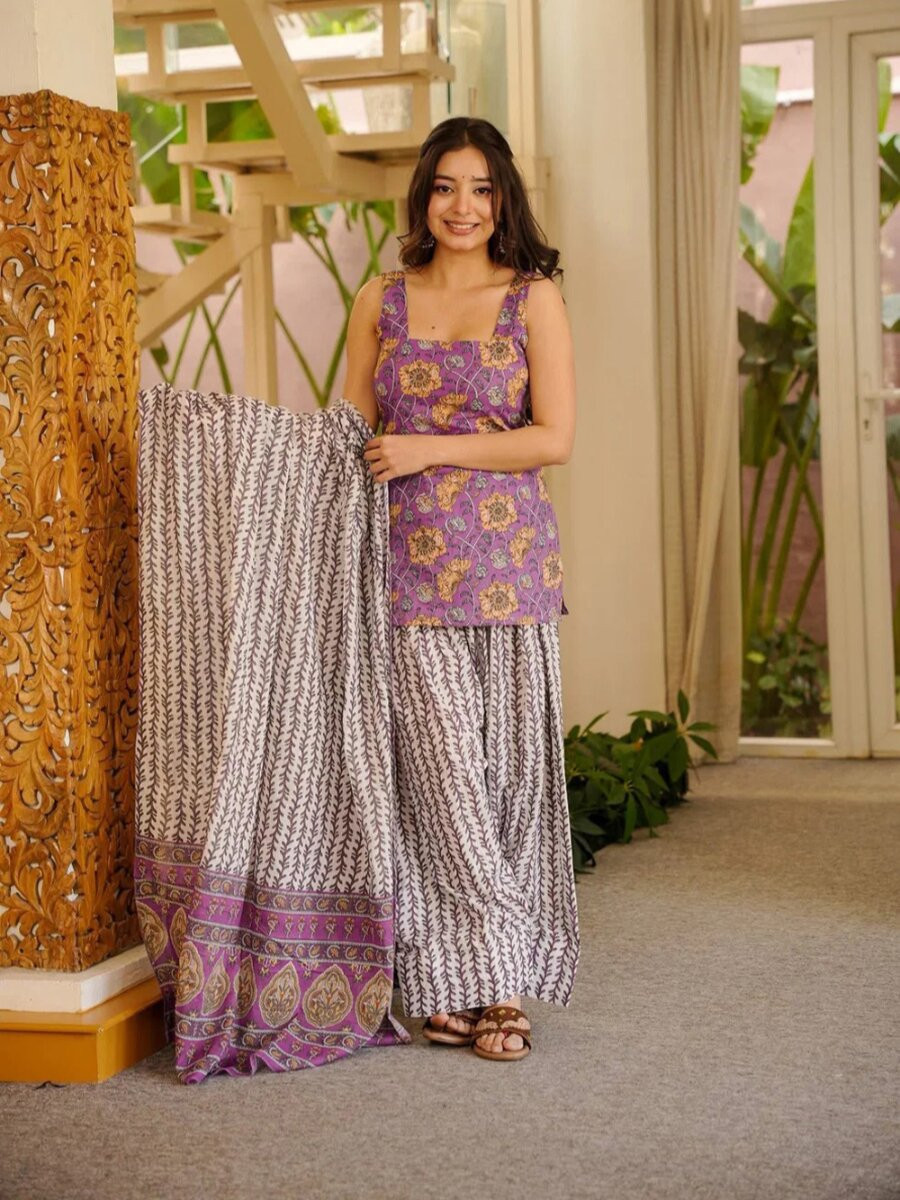 Purple Cotton Silk Printed Wedding Party Festival Casual Ready Palazzo Pant Salwar Kameez