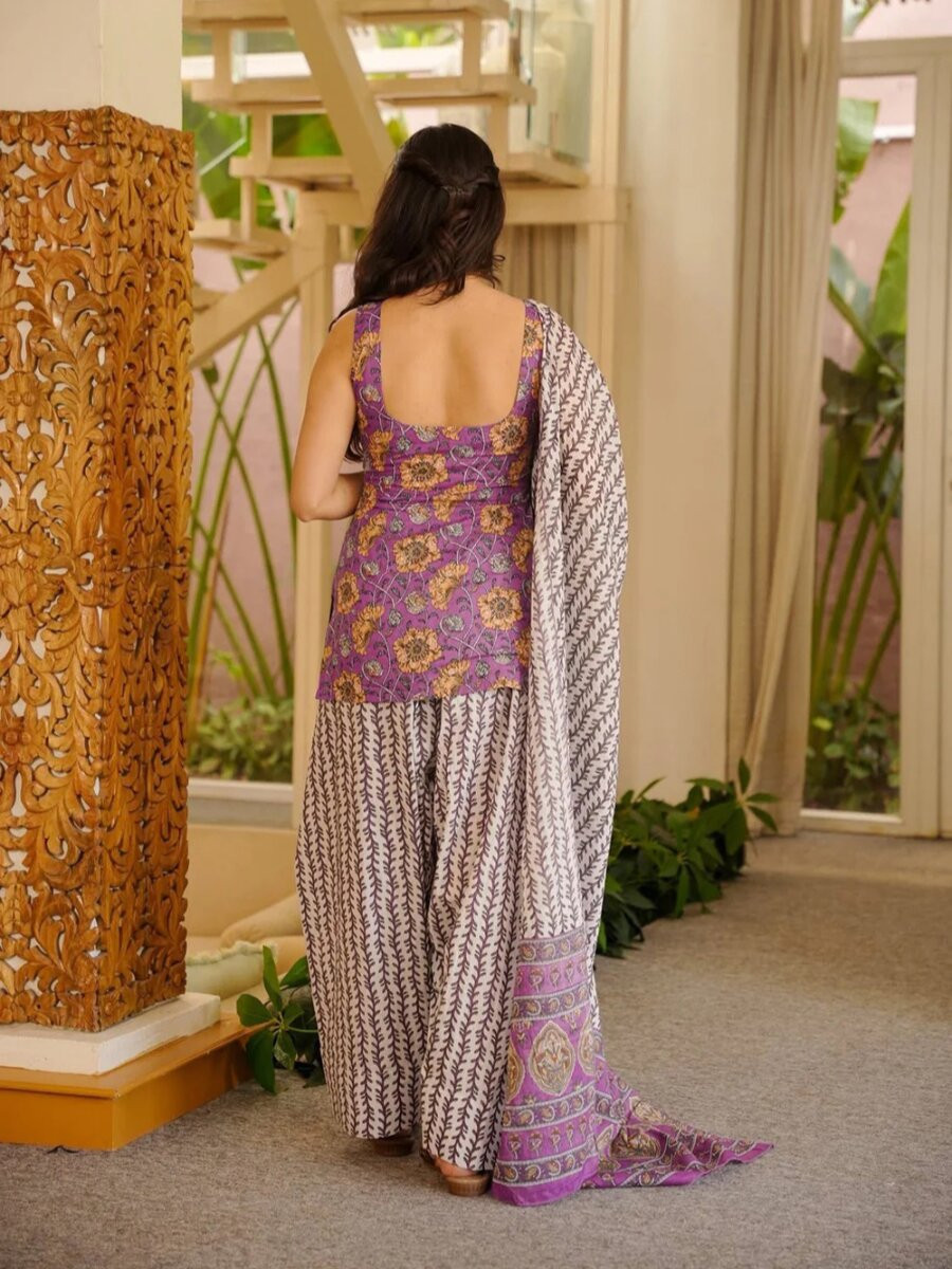 Purple Cotton Silk Printed Wedding Party Festival Casual Ready Palazzo Pant Salwar Kameez