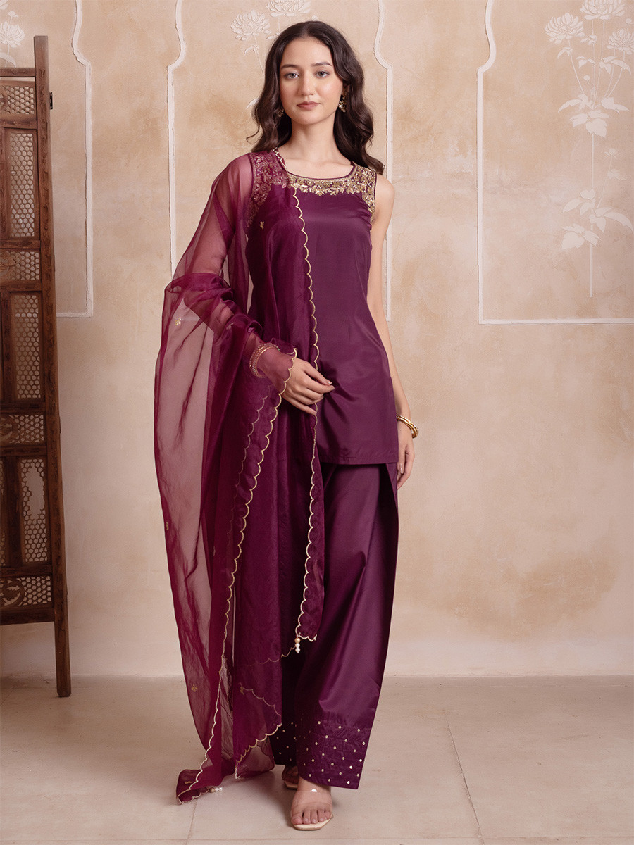Purple Crepe Embroidery Wedding Party Festival Casual Ready Palazzo Pant Salwar Kameez