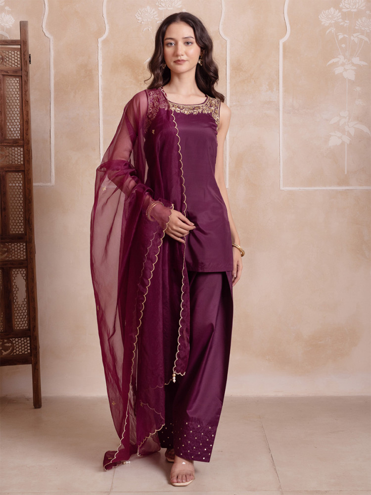 Image of Purple Crepe Embroidery Wedding Party Festival Casual Ready Palazzo Pant Salwar Kameez