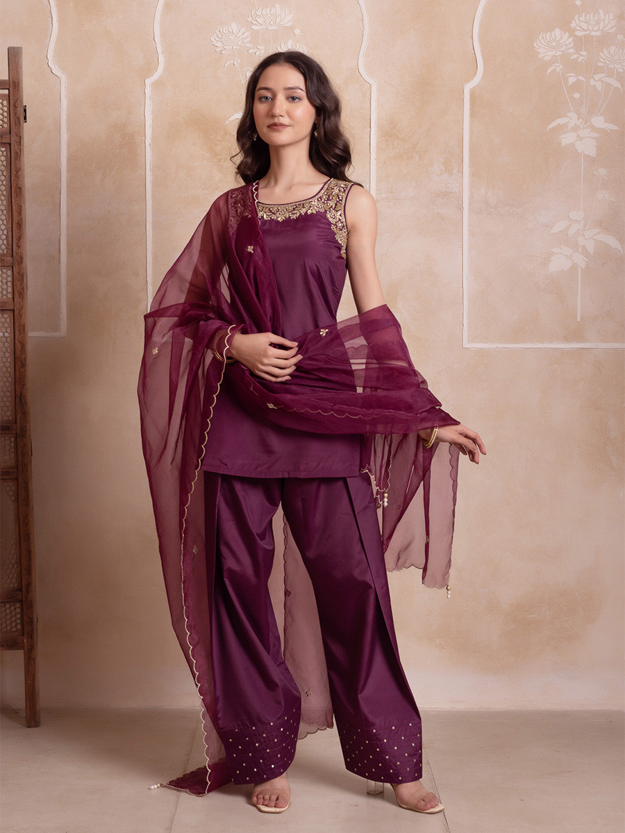 Purple Crepe Embroidery Wedding Party Festival Casual Ready Palazzo Pant Salwar Kameez