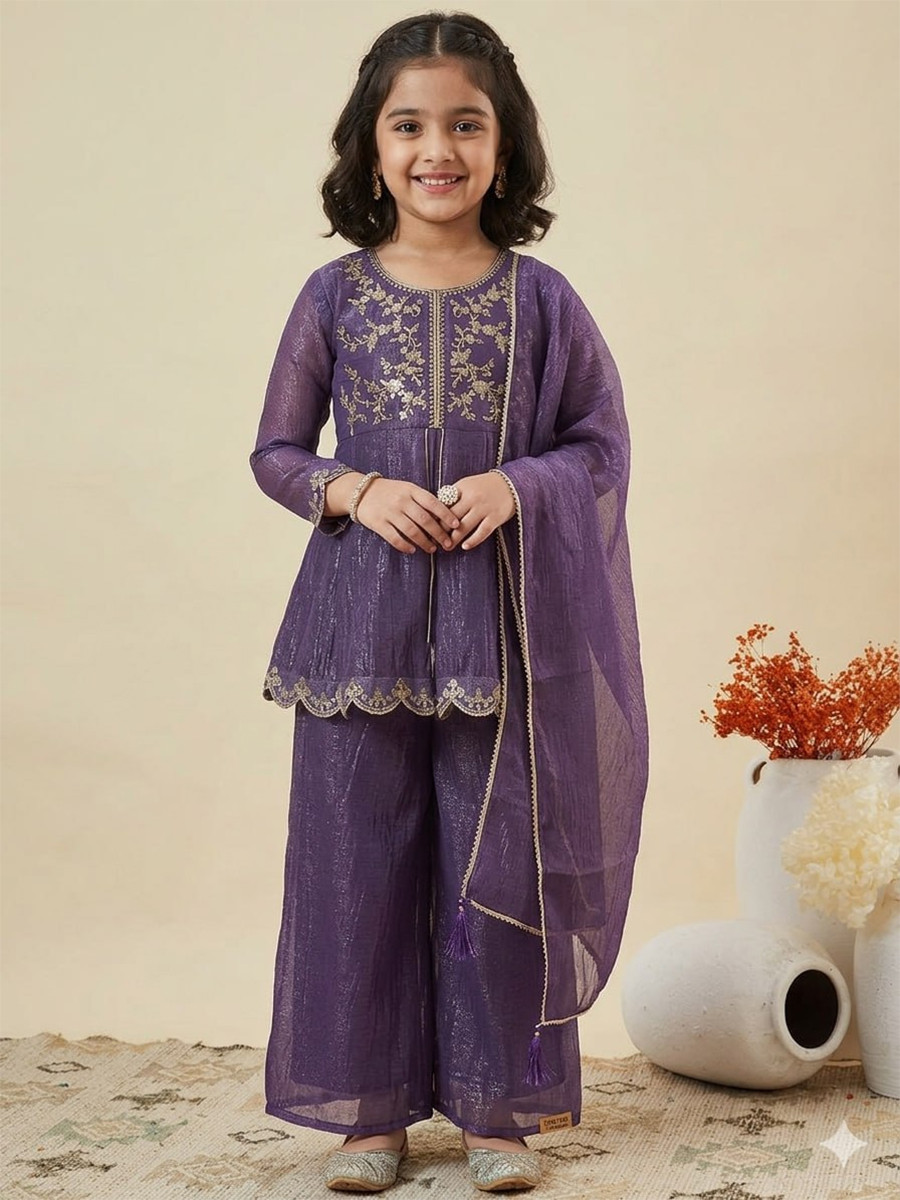 Purple Crunchy Silk Embroidered Ethnic Casual Festival Party Wedding Salwars Girls Wear
