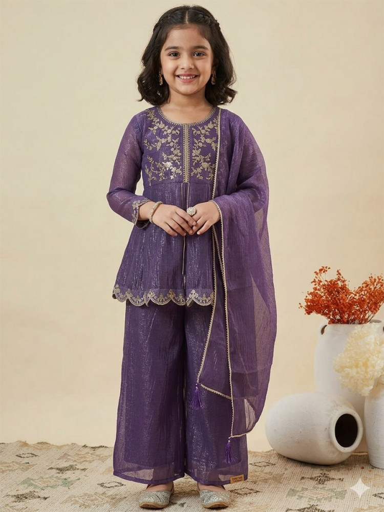 Image of Purple Crunchy Silk Embroidered Ethnic Casual Festival Party Wedding Salwars Girls Wear
