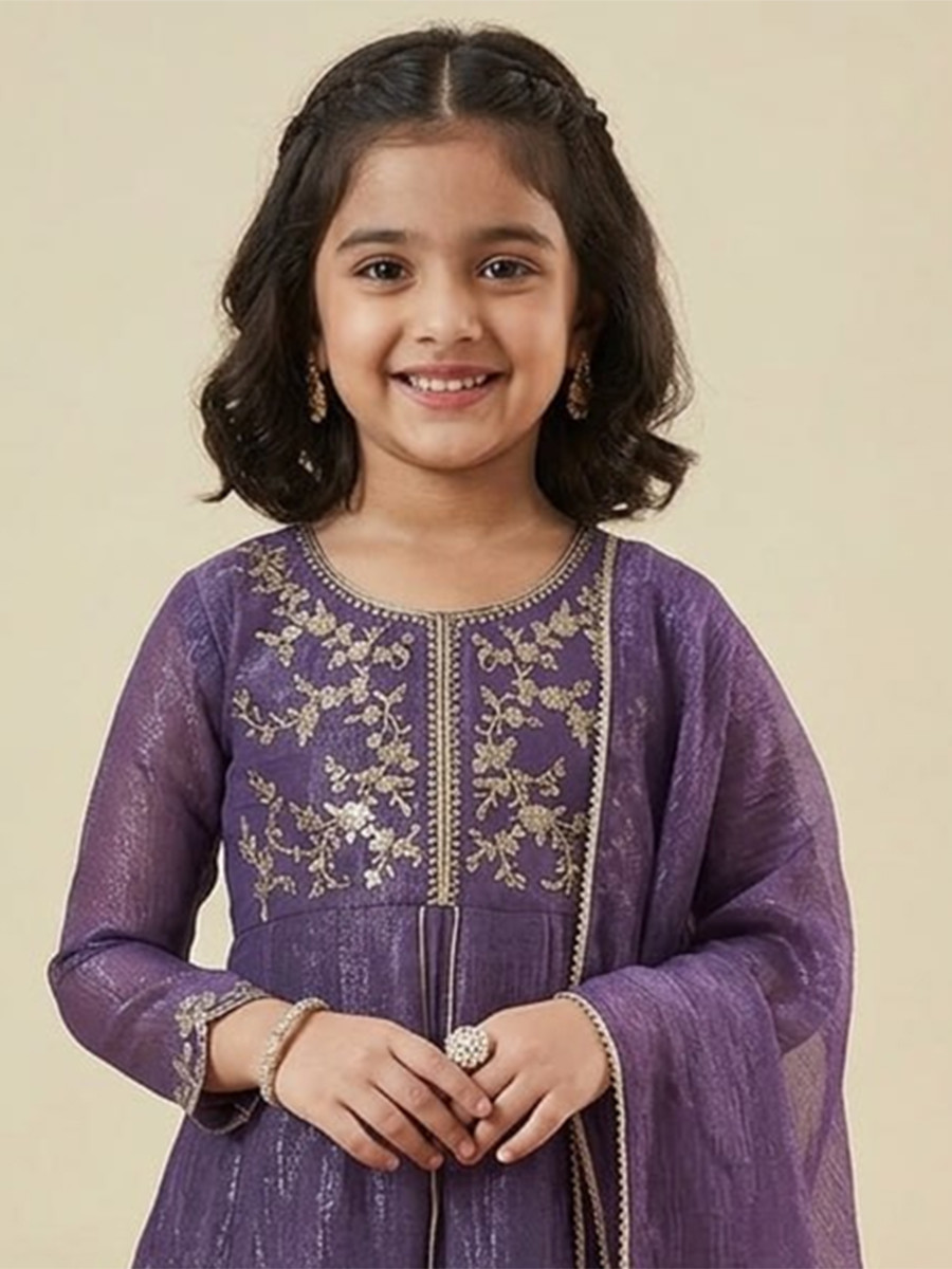 Purple Crunchy Silk Embroidered Ethnic Casual Festival Party Wedding Salwars Girls Wear