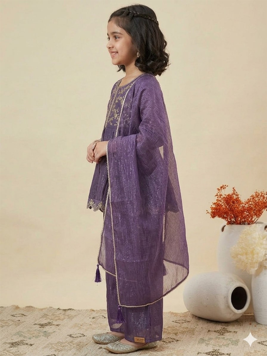 Purple Crunchy Silk Embroidered Ethnic Casual Festival Party Wedding Salwars Girls Wear