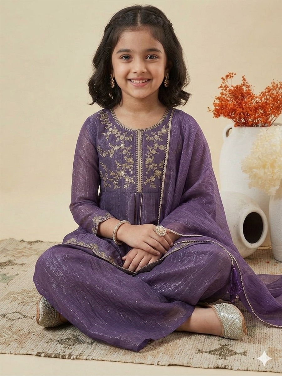 Purple Crunchy Silk Embroidered Ethnic Casual Festival Party Wedding Salwars Girls Wear