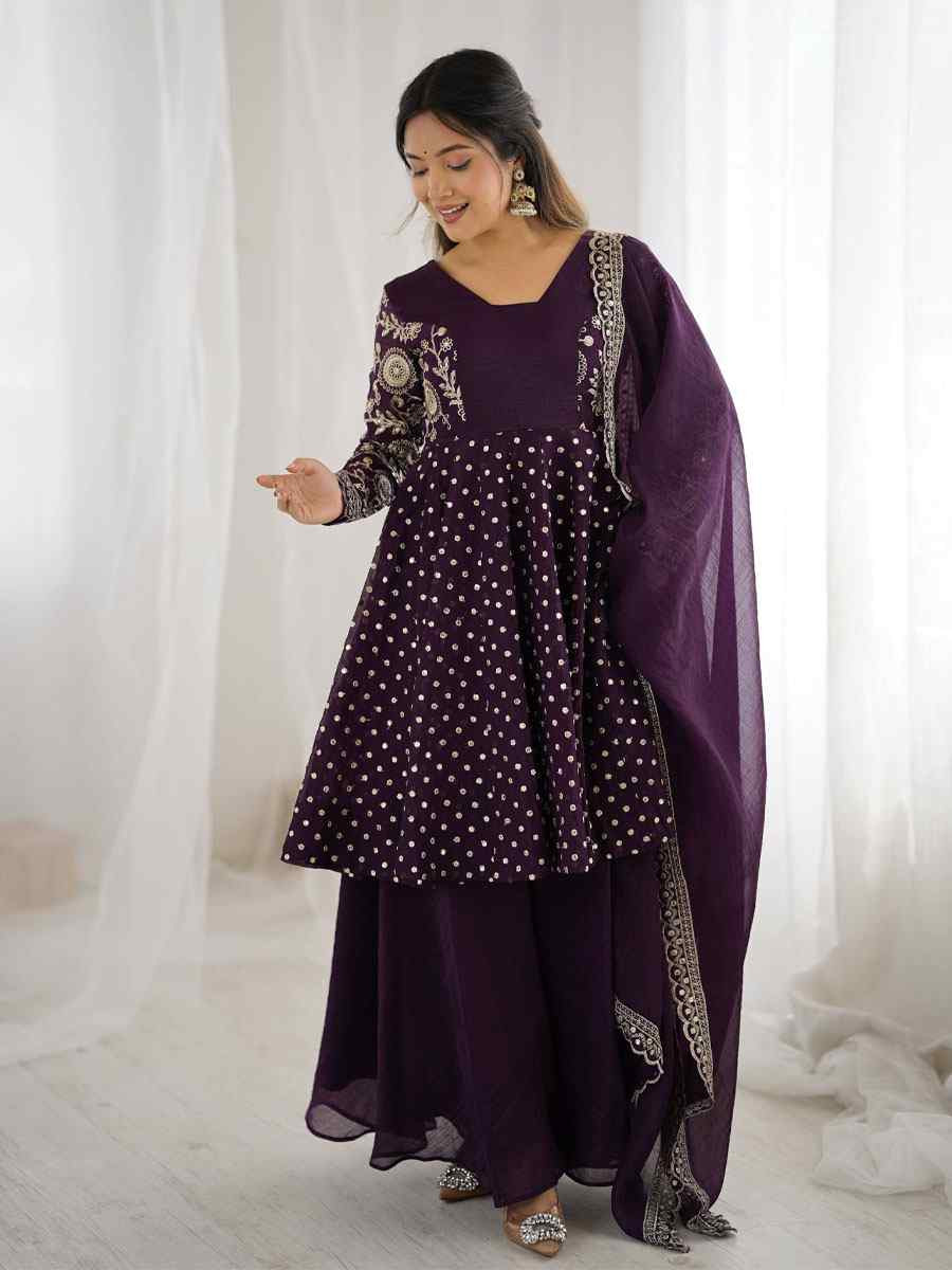 Purple Crunchy Silk Embroidered Party Wedding Ready Palazzo pant Salwar Kameez