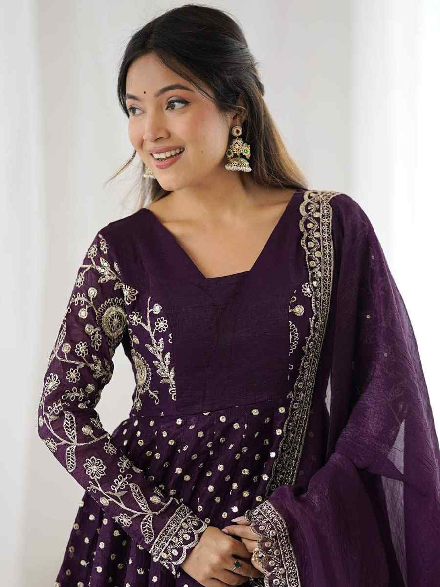 Purple Crunchy Silk Embroidered Party Wedding Ready Palazzo pant Salwar Kameez