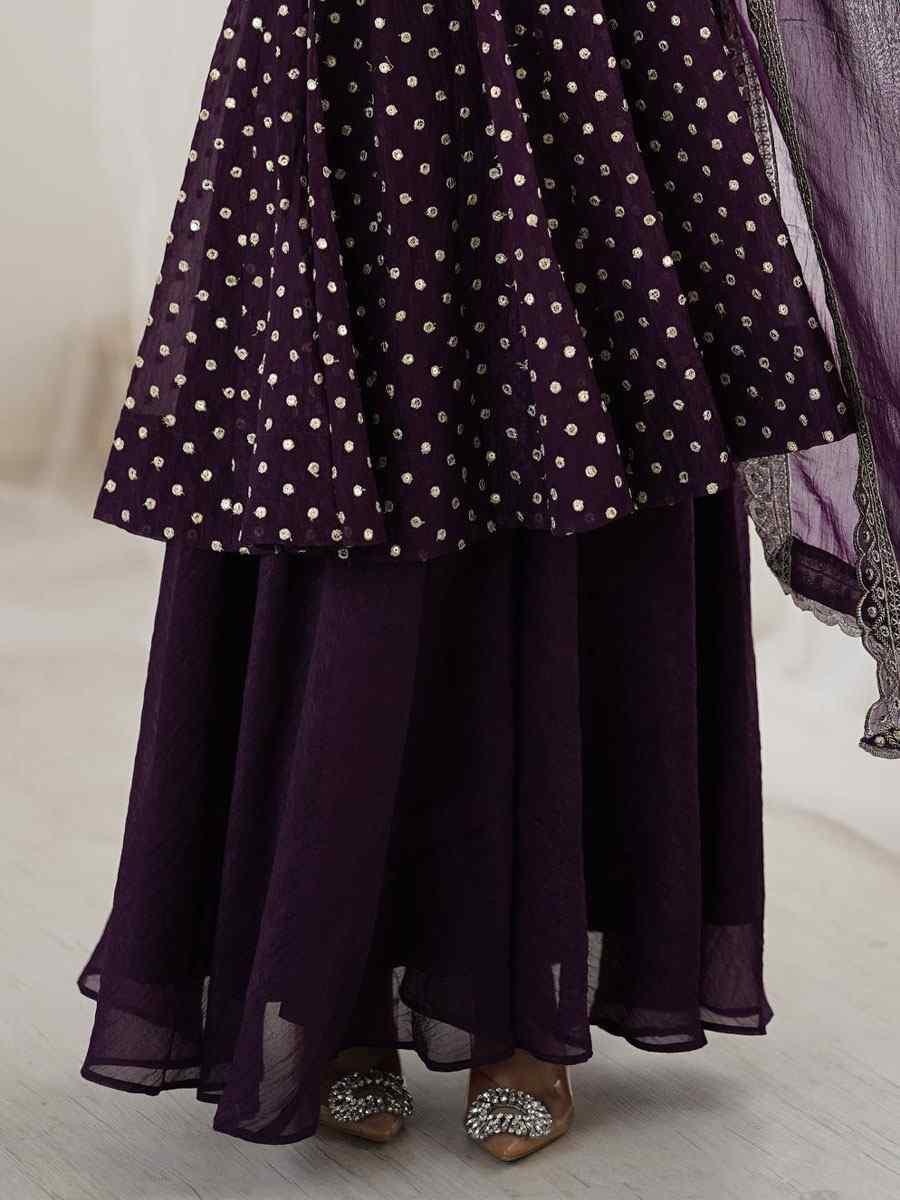 Purple Crunchy Silk Embroidered Party Wedding Ready Palazzo pant Salwar Kameez
