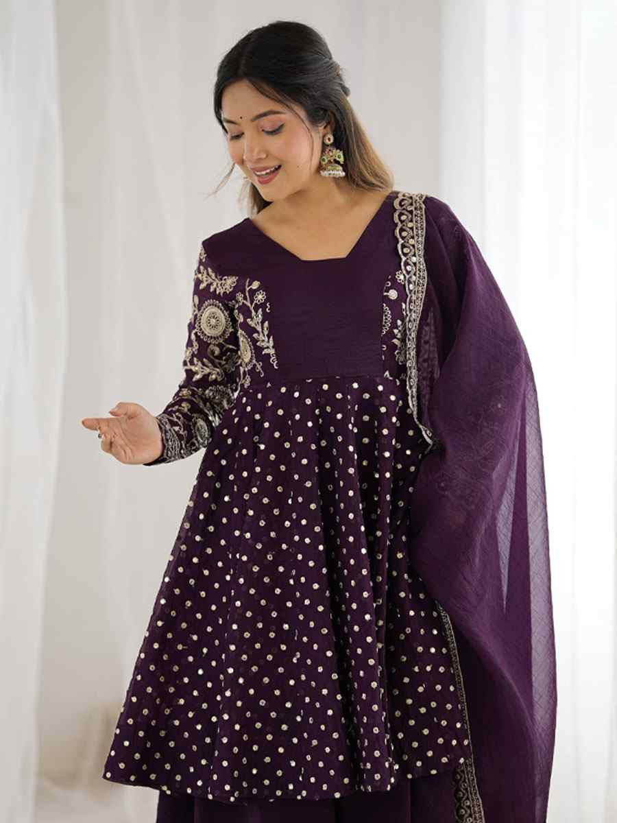 Purple Crunchy Silk Embroidered Party Wedding Ready Palazzo pant Salwar Kameez