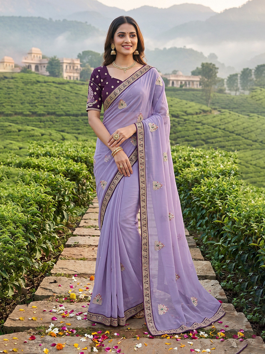Purple Crush Rangoli Embroidery Sequins Wedding Reception Party Festival Casual Heavy Border Sarees