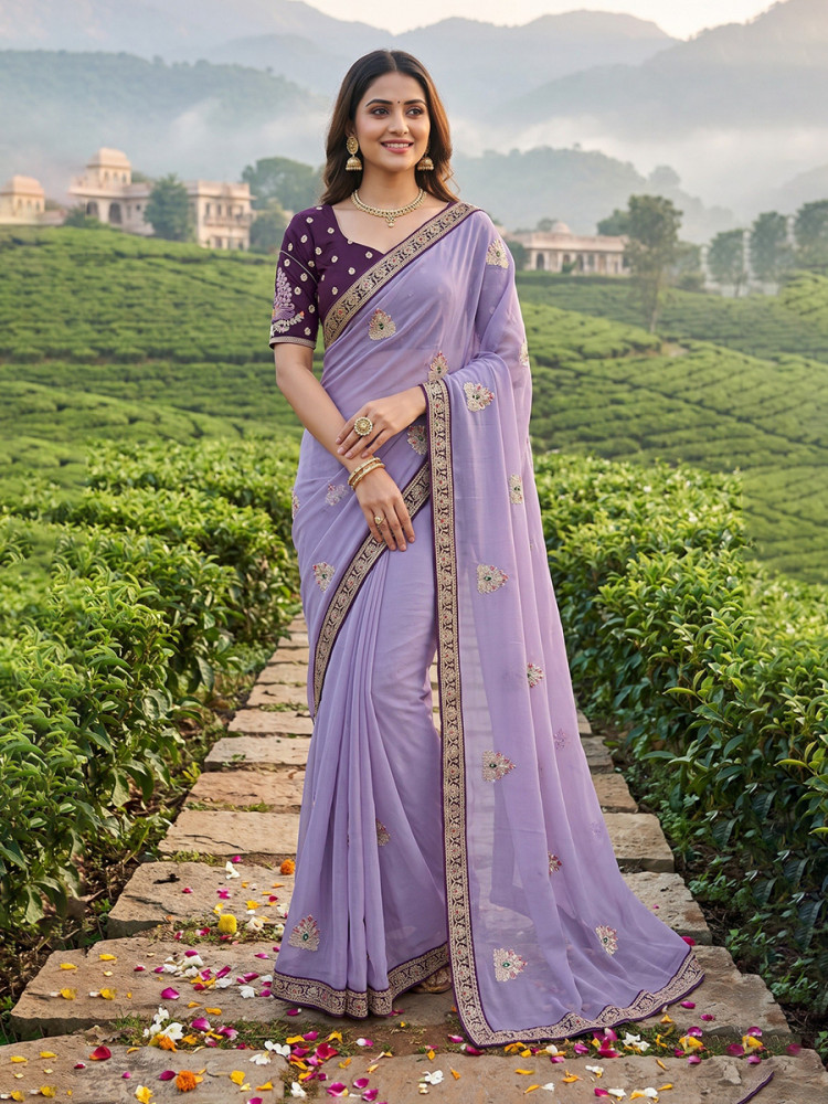 Image of Purple Crush Rangoli Embroidery Sequins Wedding Reception Party Festival Casual Heavy Border Sarees