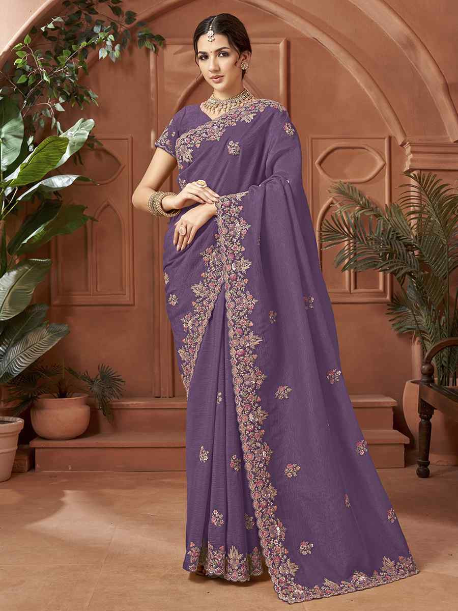 Purple Crush Silk Embroidery Traditional Bridal Reception Festival Wedding Fancy Heavy Border Sarees