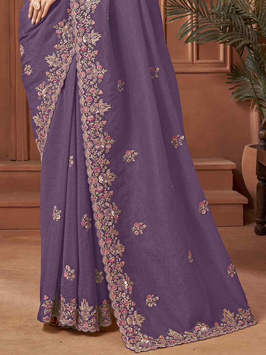 Purple Crush Silk Embroidery Traditional Bridal Reception Festival Wedding Fancy Heavy Border Sarees