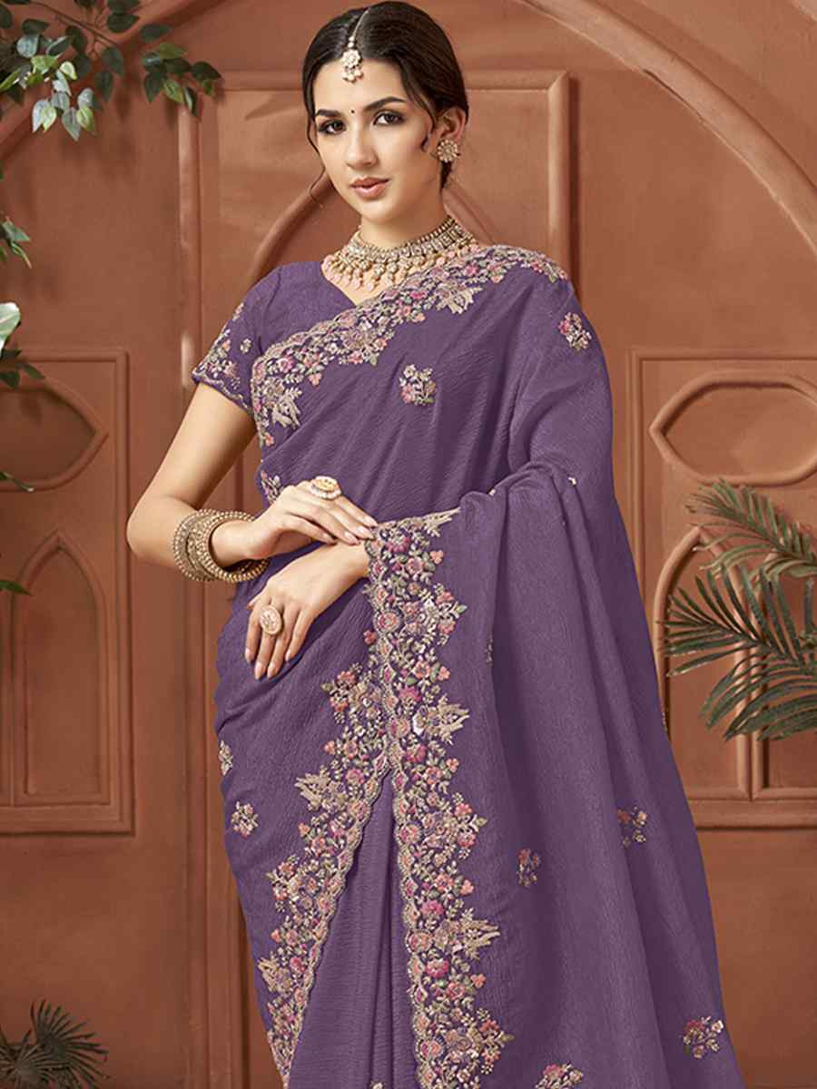 Purple Crush Silk Embroidery Traditional Bridal Reception Festival Wedding Fancy Heavy Border Sarees