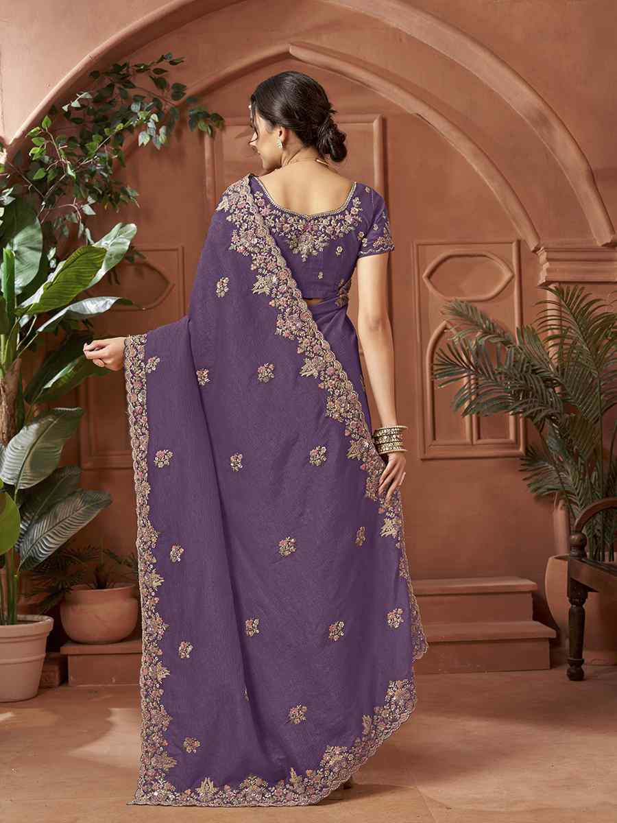 Purple Crush Silk Embroidery Traditional Bridal Reception Festival Wedding Fancy Heavy Border Sarees