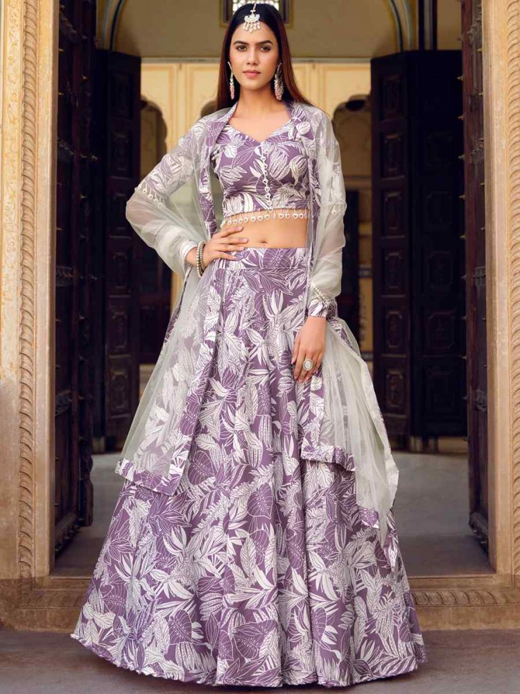 Purple Crushed Silk Embroidered Festival Ready Circular Lehenga Choli