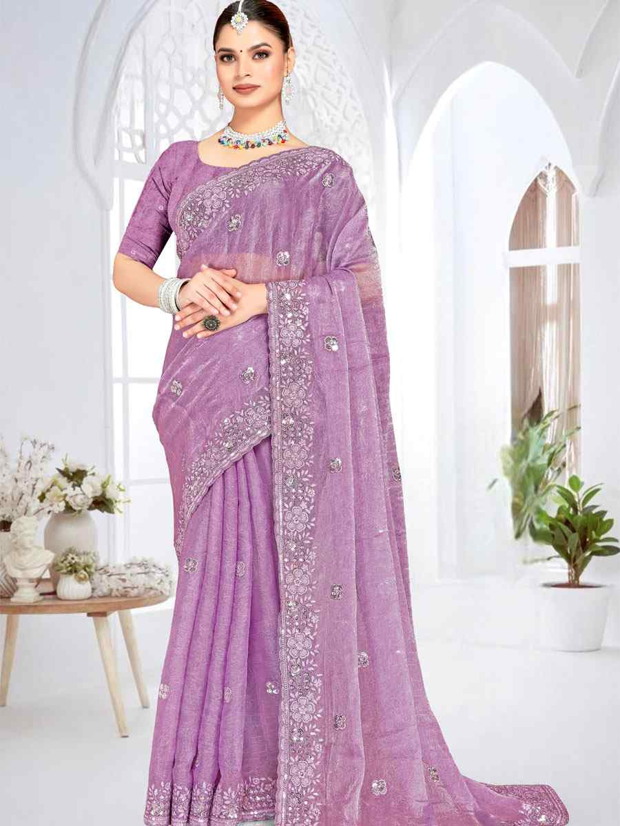 Purple Cursh Silk Embroidery Bridal Reception Festival Wedding Fancy Heavy Border Saree