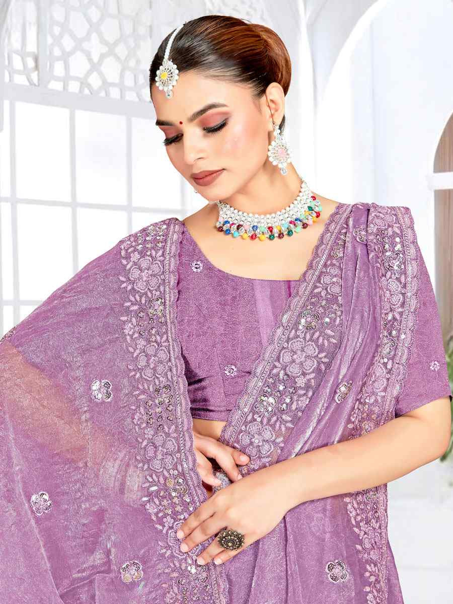 Purple Cursh Silk Embroidery Bridal Reception Festival Wedding Fancy Heavy Border Saree