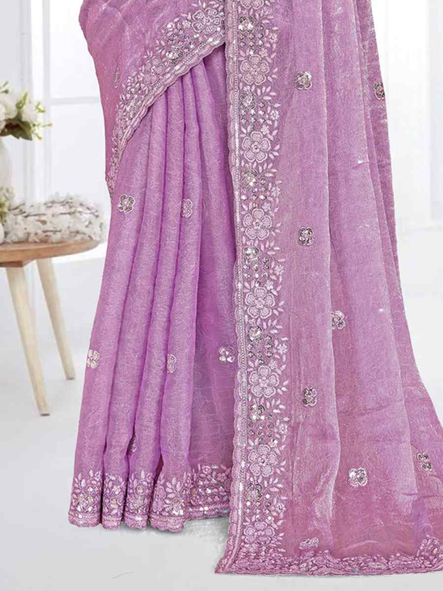 Purple Cursh Silk Embroidery Bridal Reception Festival Wedding Fancy Heavy Border Saree
