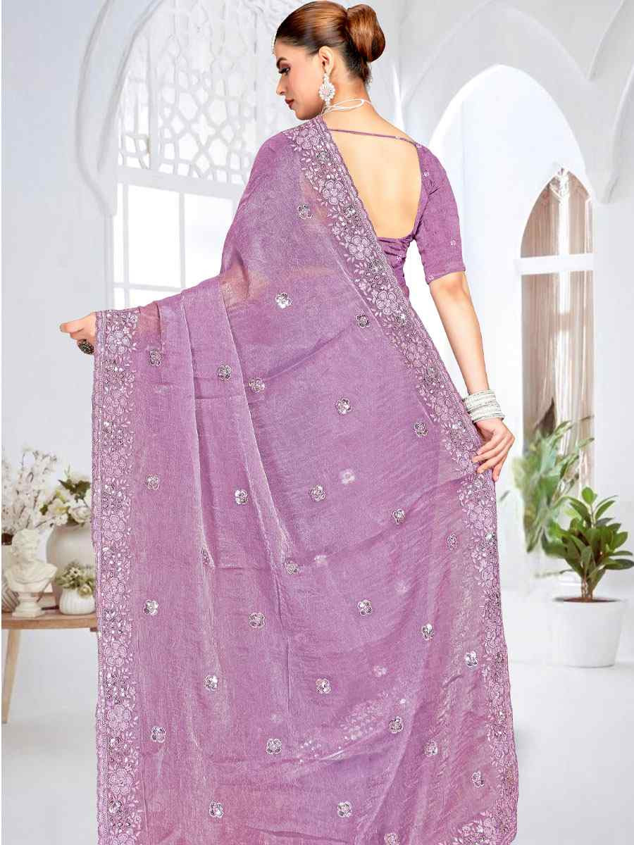 Purple Cursh Silk Embroidery Bridal Reception Festival Wedding Fancy Heavy Border Saree