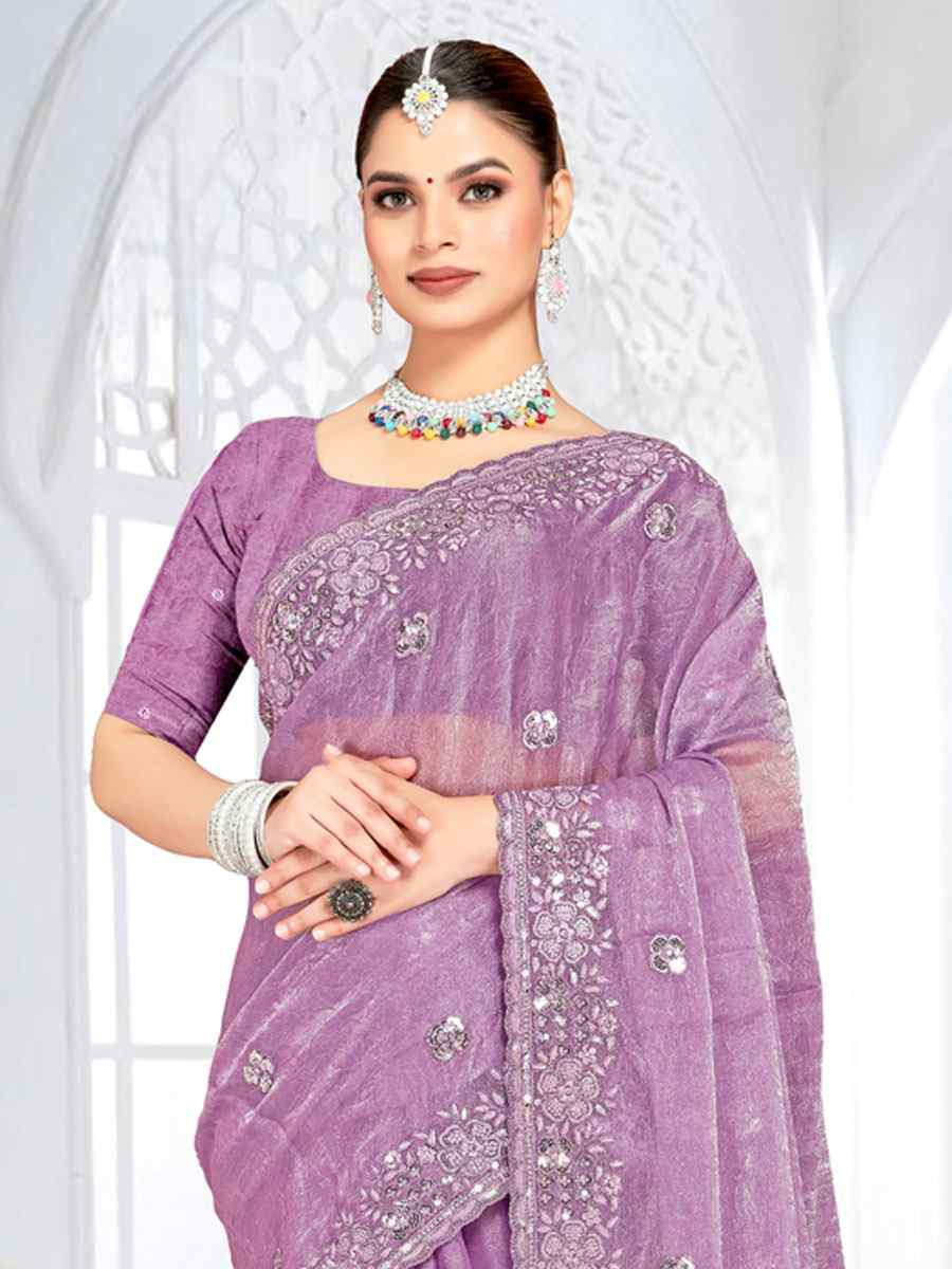 Purple Cursh Silk Embroidery Bridal Reception Festival Wedding Fancy Heavy Border Saree