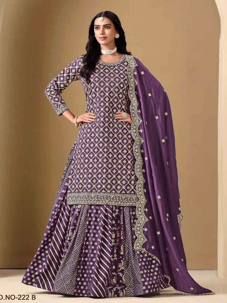 Purple Dola Jacquard Embroidered Reception Wedding Kurti Lehenga Choli