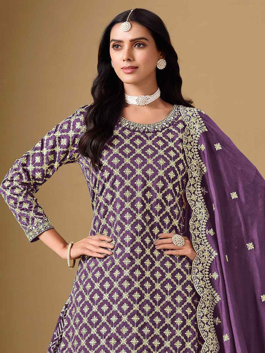 Purple Dola Jacquard Embroidered Reception Wedding Kurti Lehenga Choli