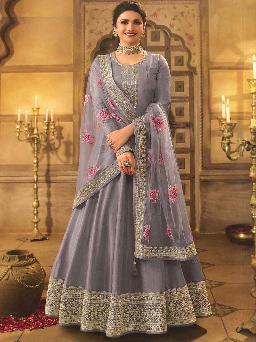 Purple Dola Silk Embroidered Festival Wedding Anarkali Bollywood Style Salwar Kameez