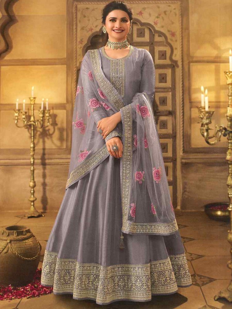 Purple Dola Silk Embroidered Festival Wedding Anarkali Bollywood Style Salwar Kameez