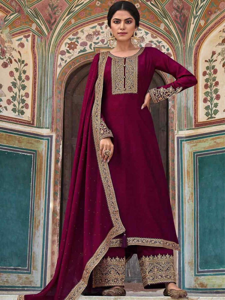 Purple Dola Silk Embroidered Festival Wedding Pant Salwar Kameez