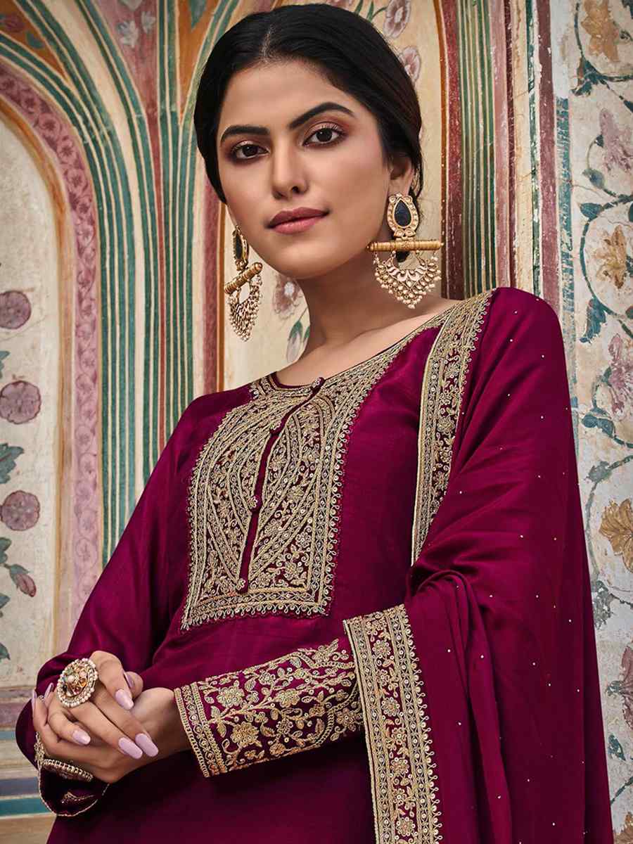 Purple Dola Silk Embroidered Festival Wedding Pant Salwar Kameez