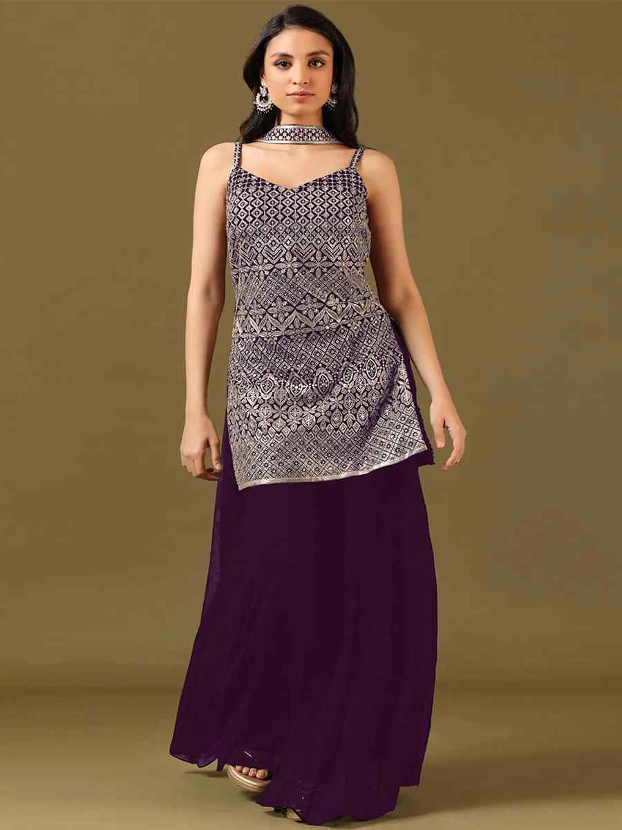 Purple Embroidered Fastive Wedding Ready Palazzo Pant Salwar Kameez