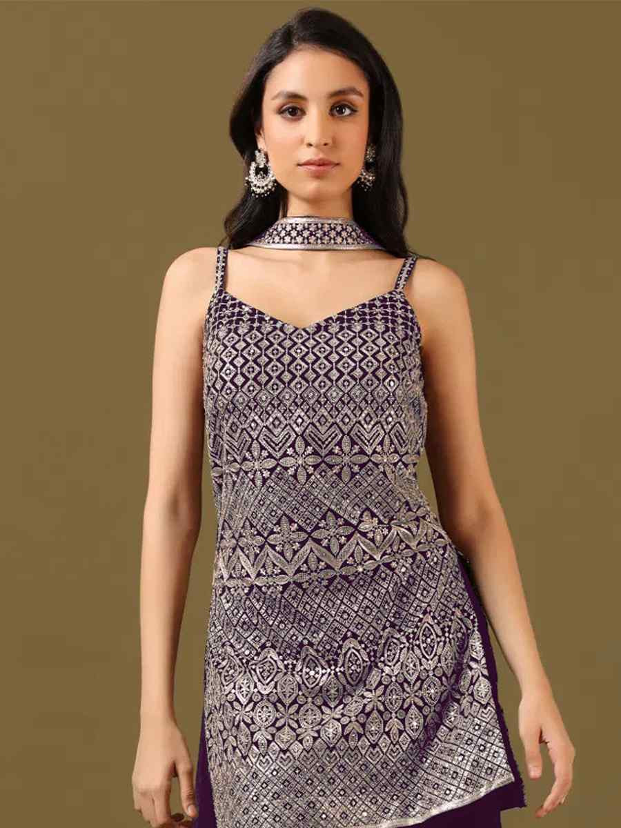 Purple Embroidered Fastive Wedding Ready Palazzo Pant Salwar Kameez