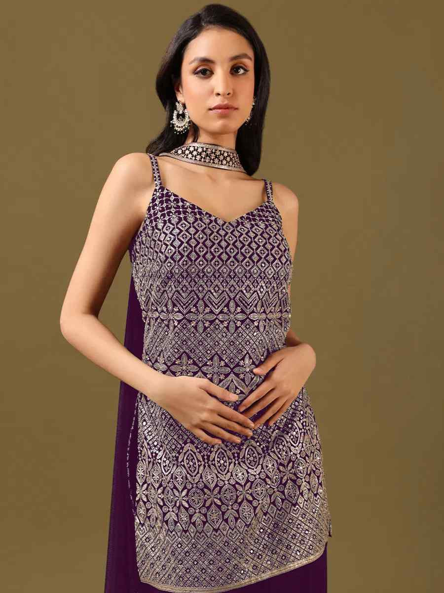 Purple Embroidered Fastive Wedding Ready Palazzo Pant Salwar Kameez