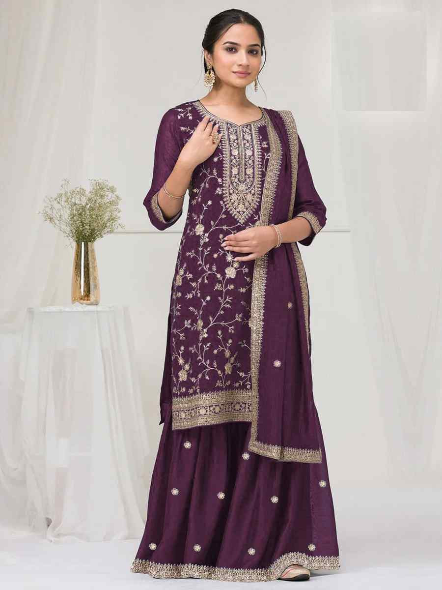 Purple Fancy Blooming Vichitra Silk Embroidered Festival Wedding Palazzo Pant Salwar Kameez