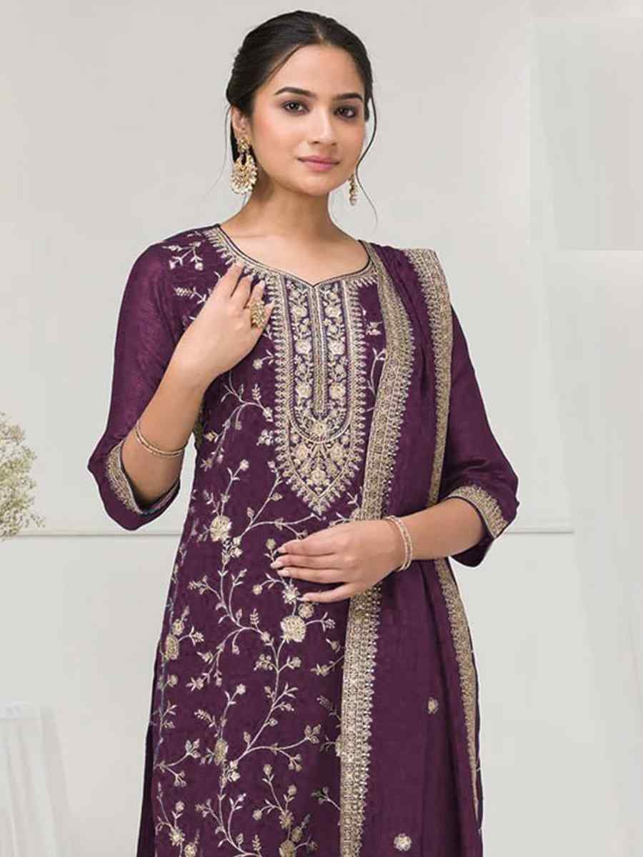 Purple Fancy Blooming Vichitra Silk Embroidered Festival Wedding Palazzo Pant Salwar Kameez