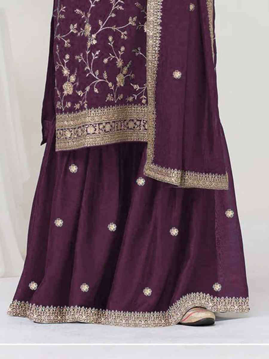 Purple Fancy Blooming Vichitra Silk Embroidered Festival Wedding Palazzo Pant Salwar Kameez
