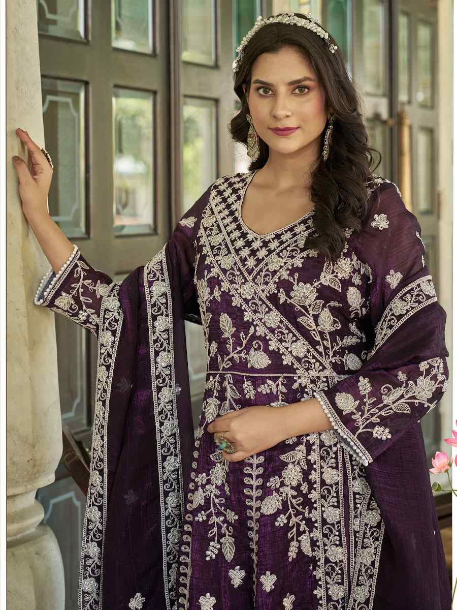 Purple Fancy Crunchy Embroidered Festival Wedding Lawn Salwar Kameez