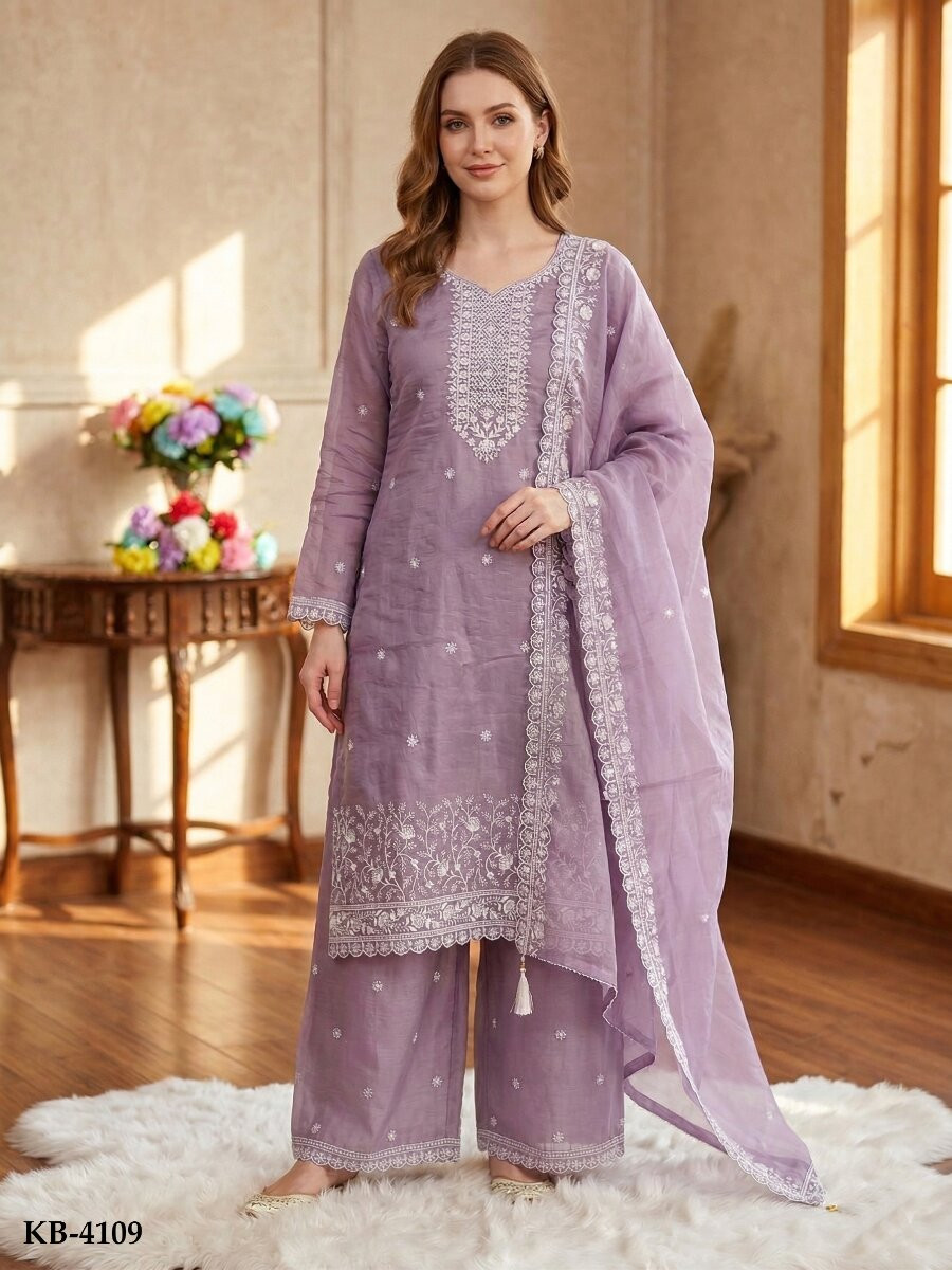 Purple Fancy Crush Silk Embroidery Wedding Party Festival Casual Palazzo Pant Salwar Kameez