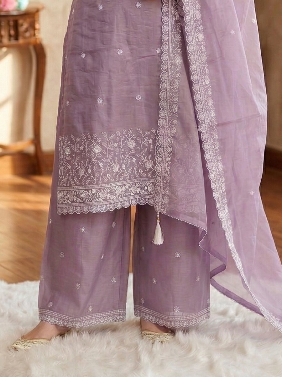 Purple Fancy Crush Silk Embroidery Wedding Party Festival Casual Palazzo Pant Salwar Kameez