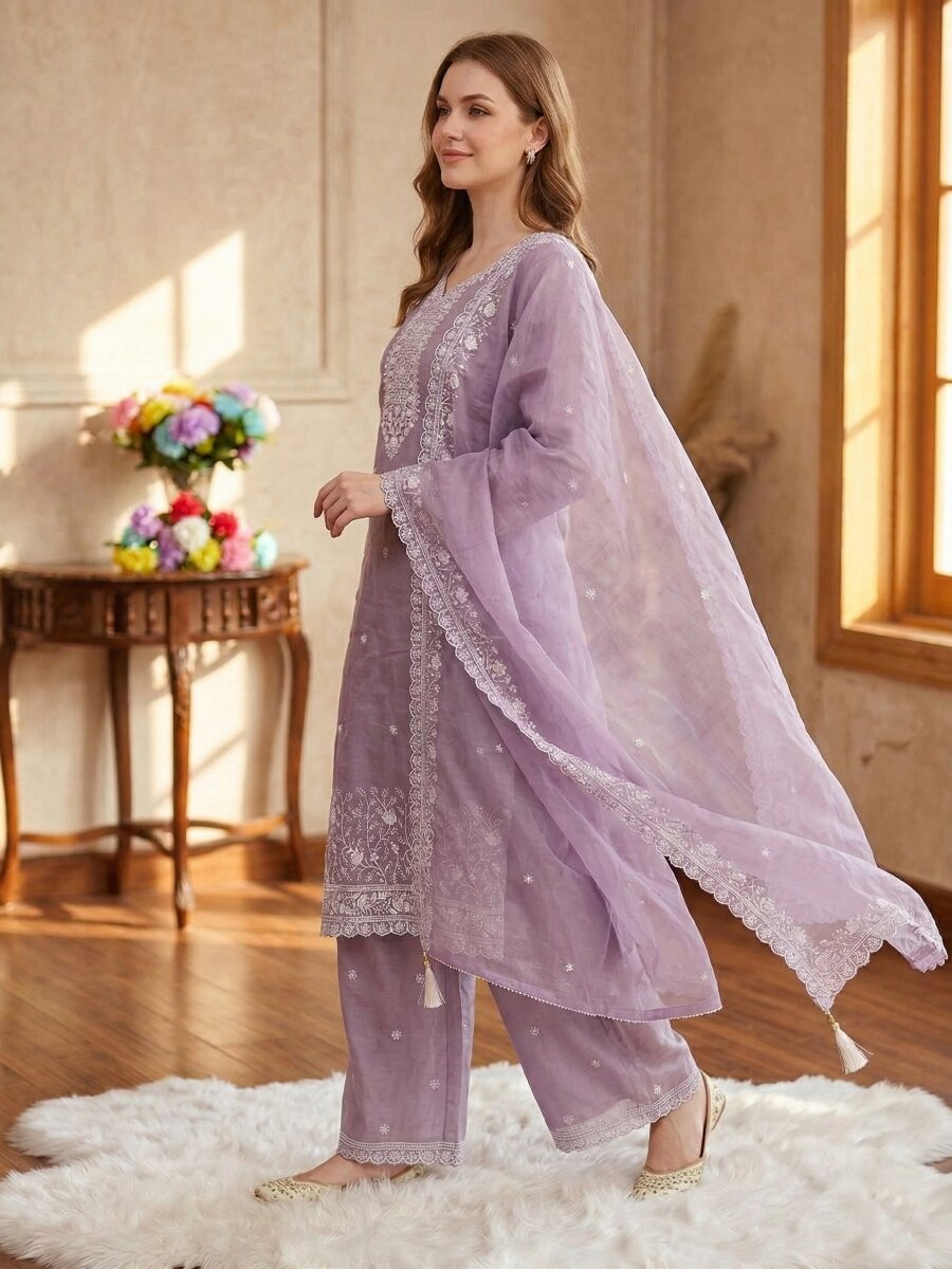 Purple Fancy Crush Silk Embroidery Wedding Party Festival Casual Palazzo Pant Salwar Kameez