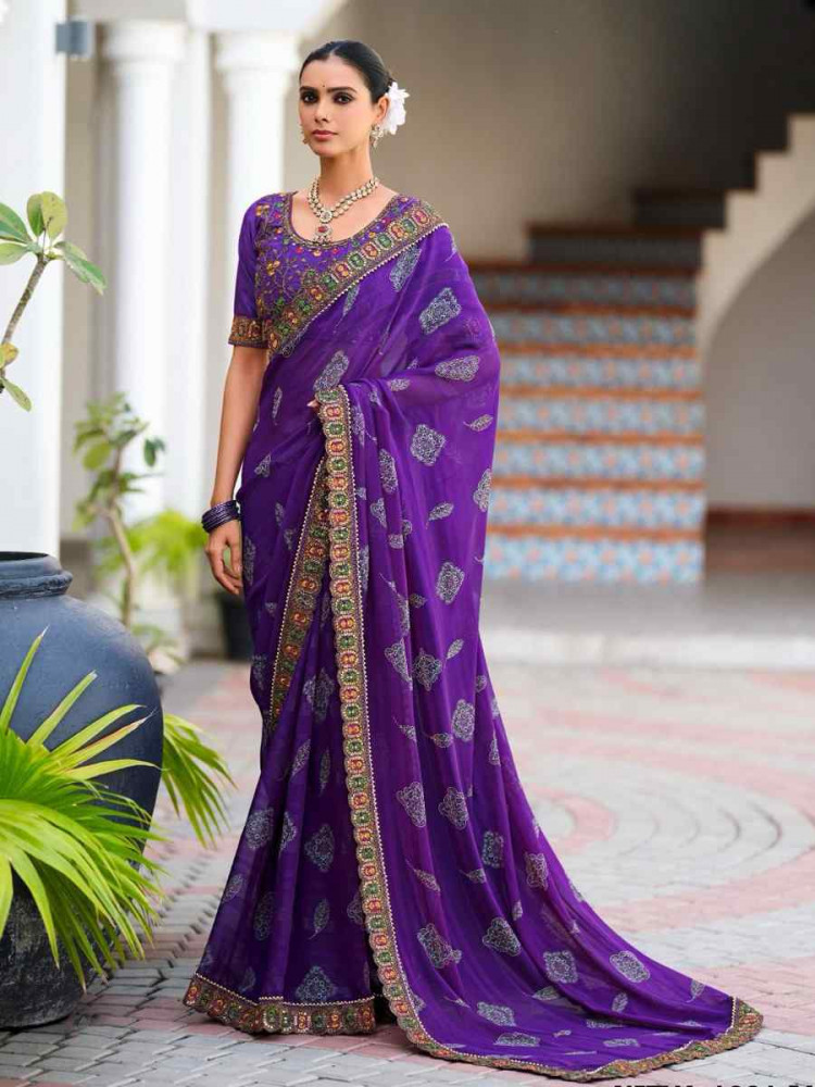 Purple Fancy Georgette Embroidered Festival Wedding Fancy Heavy Border Saree