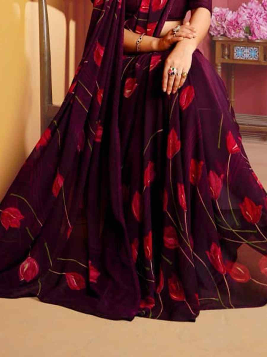 Purple Fancy Georgette Printed Festival Wedding Fancy Heavy Border Saree