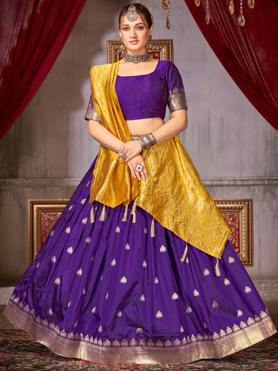 Purple Fancy Jaquard Silk Zardosi Mehendi Festival Circular Lehenga Choli