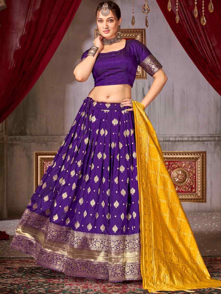 Purple Fancy Jaquard Silk Zardosi Mehendi Festival Circular Lehenga Choli