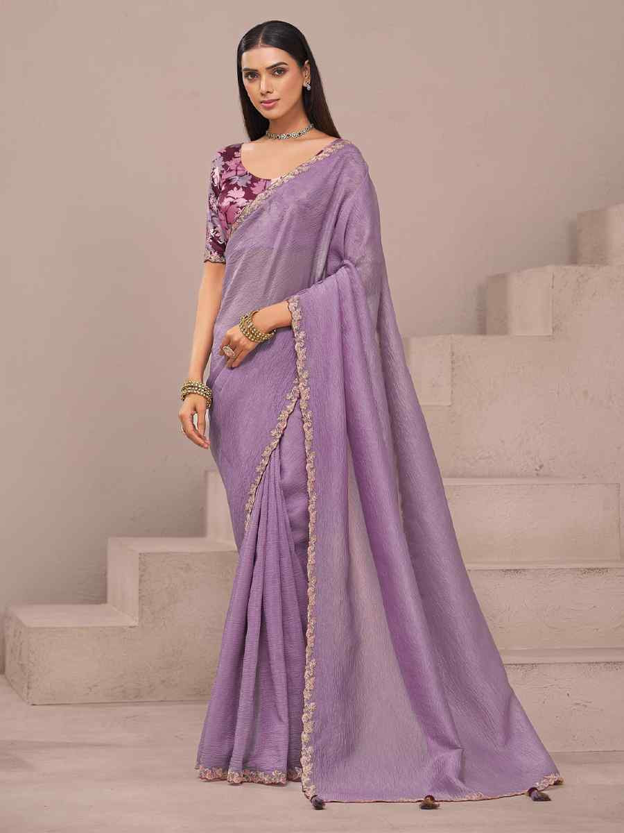 Purple Fancy Silk Plain Party Bridal Reception Festival Wedding Fancy Heavy Border Saree