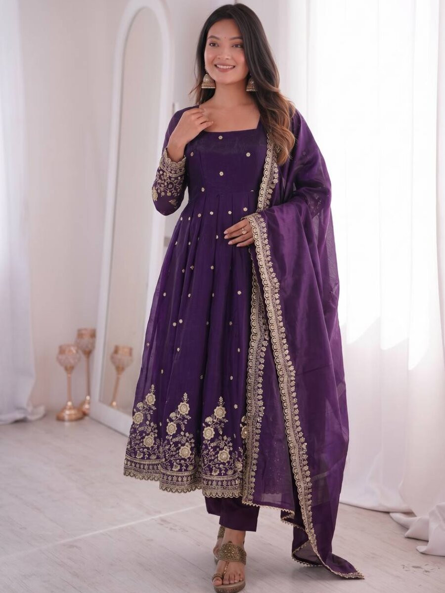 Purple Fandy Silk Embroidery Sequins Zari Wedding Party Festival Casual Ready Anarkali Pant Salwar Kameez