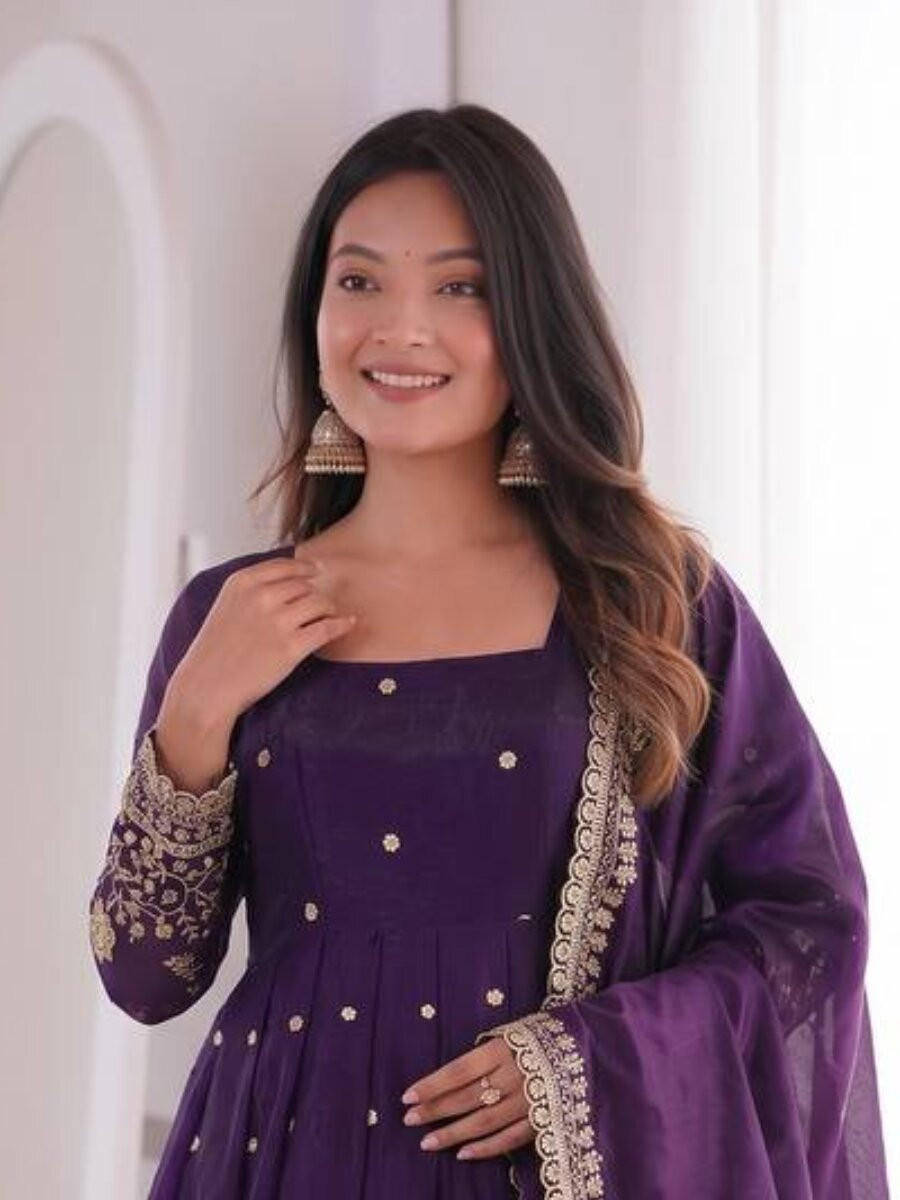 Purple Fandy Silk Embroidery Sequins Zari Wedding Party Festival Casual Ready Anarkali Pant Salwar Kameez
